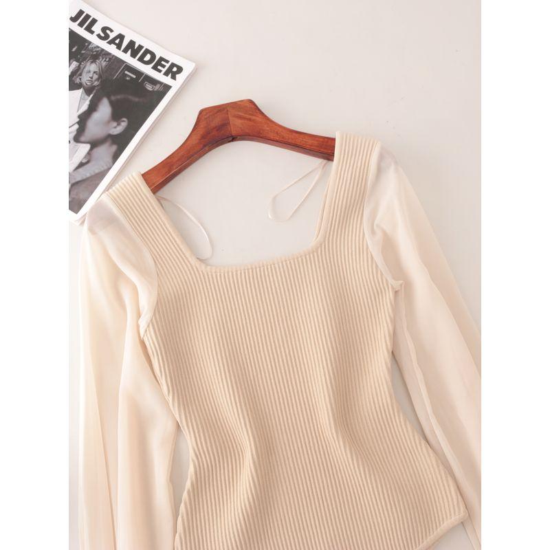 Foreign Trade Original Order Square Collar Pure Desire Chiffon Long Sleeve One-Piece Briefs Autumn and Winter Inner Wear Sexy Slim Fit Knitted Top