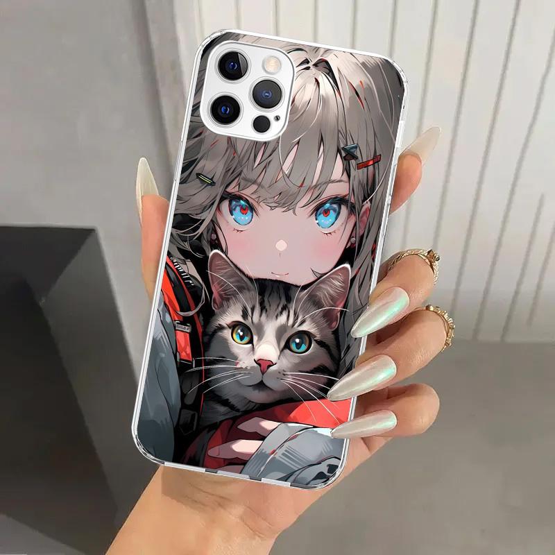 Anime Girls Cute Black Cat Phone Case for Iphone 17 Air 16 15 Plus 14 13 Mini 12 11 Pro Max 16E 7 8 SE 2020 Soft Funda Print She