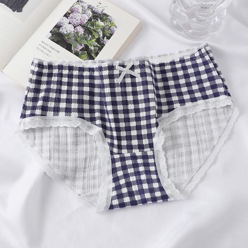 Navy Blue Women's Panties Cotton Mid-waist Bow Threaded Breathable Girl Student Briefs