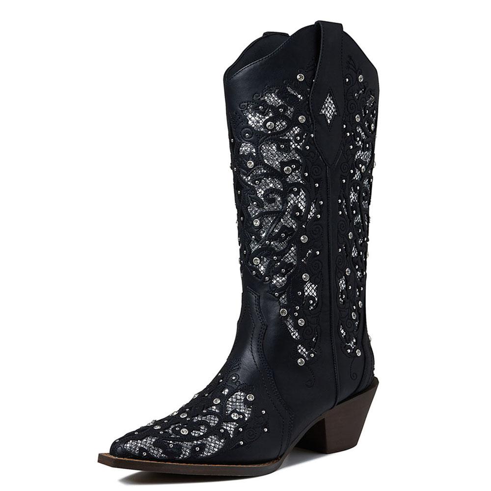 

GIGIFOX Cowgirl Rhinestone Boots Western Mid-Ice Boots For Woman Block Mid Healing Toe Hollow Out Retro Cowboy Boots 10