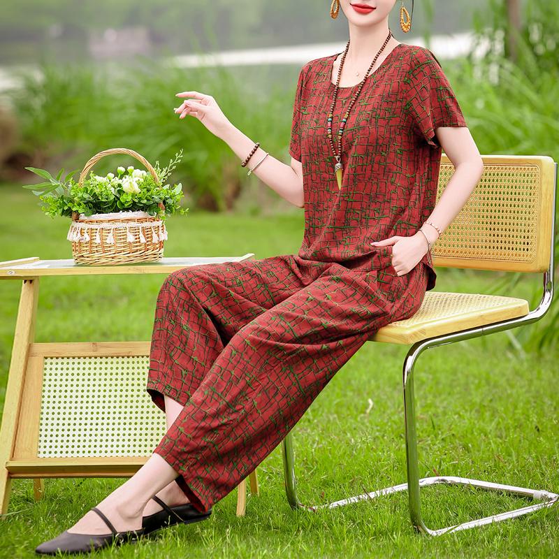 Women's Summer Printed 2-Piece Outfit, Plus Size Casual Short Sleeve Top & Pants Set (XL-5XL)