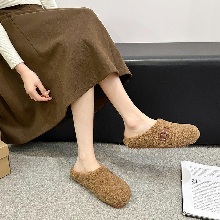 [Ushilai] Retro Thick-soled Lamb Wool One-pedal Women's 2025 Winter New Soft-soled Casual Versatile Cotton Mop