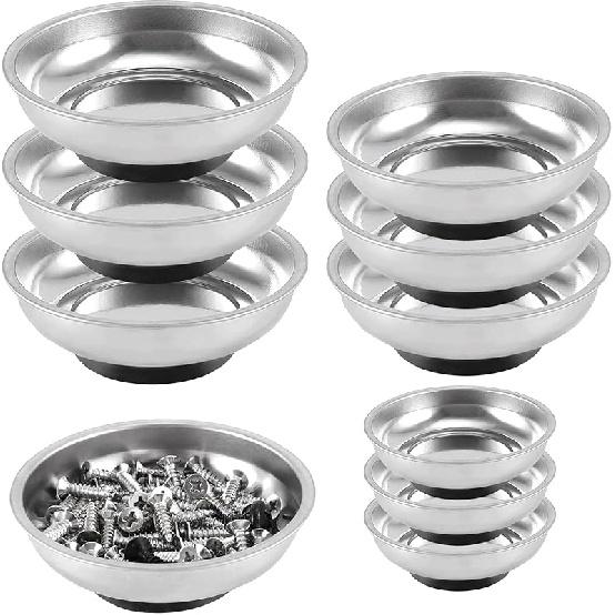 FUNSUEI 12 Packs 6 Inch And 3 Inch Magnetic Tray Set, Stainless Steel Magnetic Bowl, Round Magnetic Parts Tray For P, Screws, Bolts, Nuts, Small