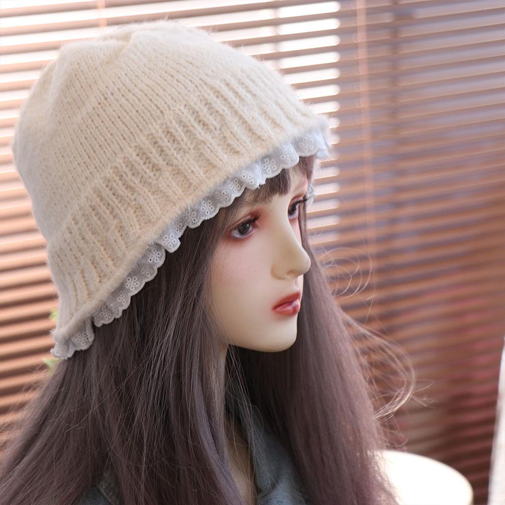 Lace Trim Women Bucket Hat Yarn Beanie Hat Sweet Knitted Fisherman Hat Girl