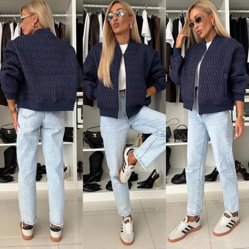 Women's 2024 Autumn/Winter Solid Color Embroidered Short Zip-up Jacket Cotton-padded Coat