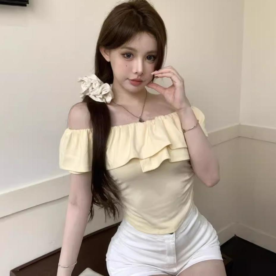 Pure Desire Ins One-word Shoulder Collar Sexy Spice Girl Off-the-shoulder Short-sleeved T-shirt Women's New Summer Korean Version Thin Top Women's Tre