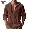 Gant Embroidery Men's Solid Color Casual Long Sleeved Shirt Hooded Drawstring Cotton and Linen Cardigan Trendy Versatile Loose Beach T-shirt