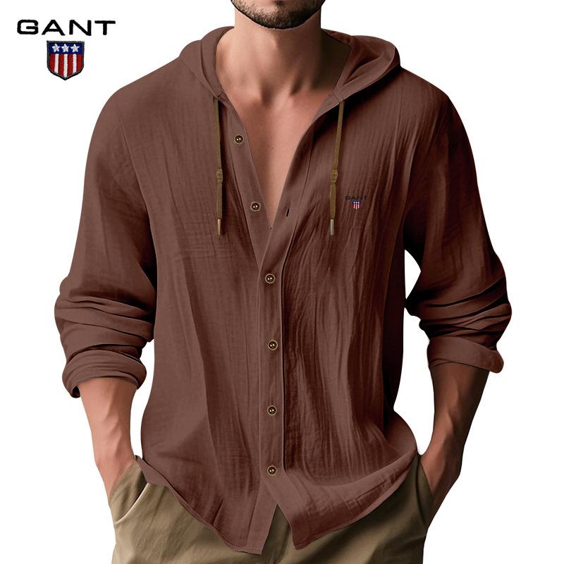 Gant Embroidery Men's Solid Color Casual Long Sleeved Shirt Hooded Drawstring Cotton and Linen Cardigan Trendy Versatile Loose Beach T-shirt