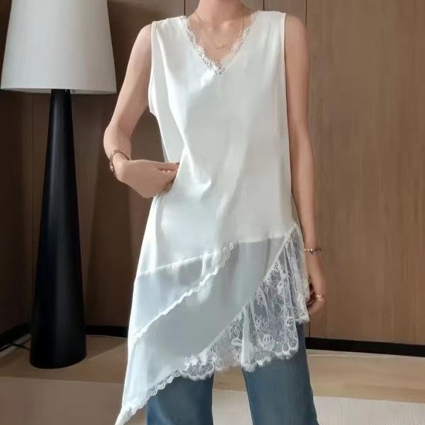 

Plus Size White Lace Irregular Camisole - Sleeveless Spring/Summer Layering Top XXL білий