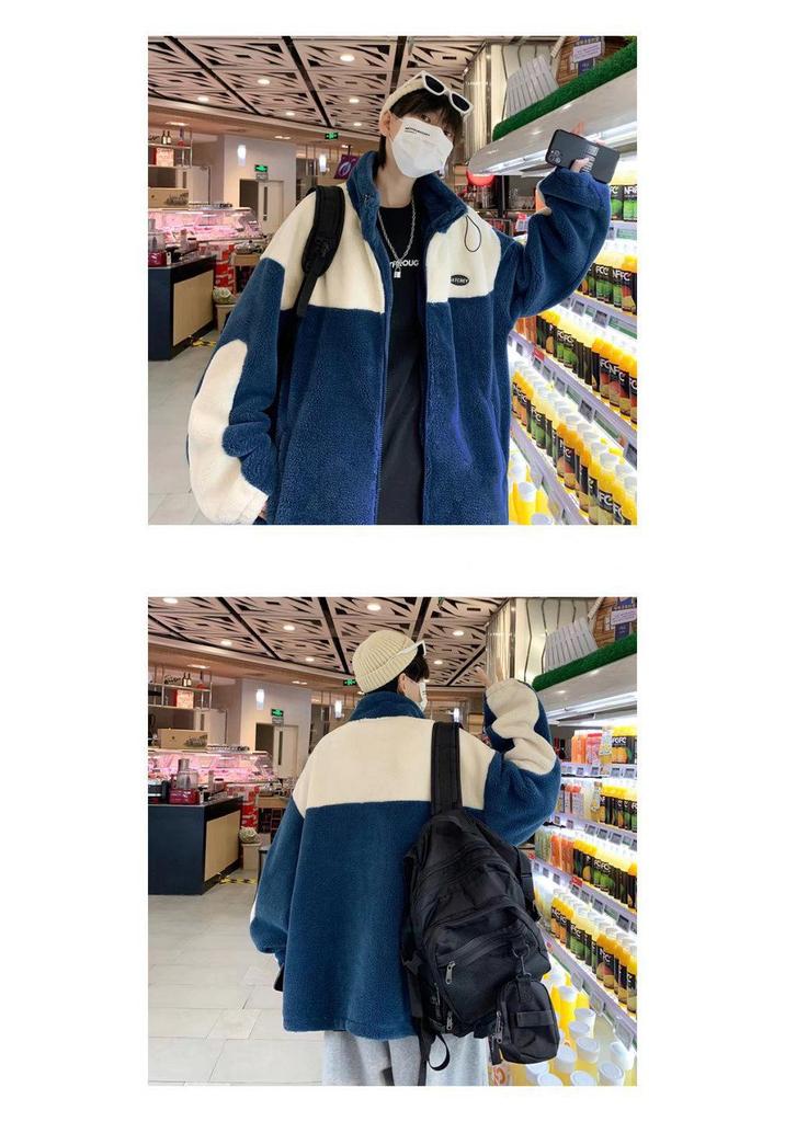 Herren Kontrastfarbene Lammwolle Winterjacke - Dick, Warm, Locker geschnittener Lässiger Baumwollmantel