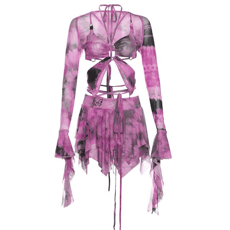 European and American Ins Style Elegant Sweet Sexy Low Cut Navel High Waist Lace-up Tassel Pleat Irregular Short Dress Set