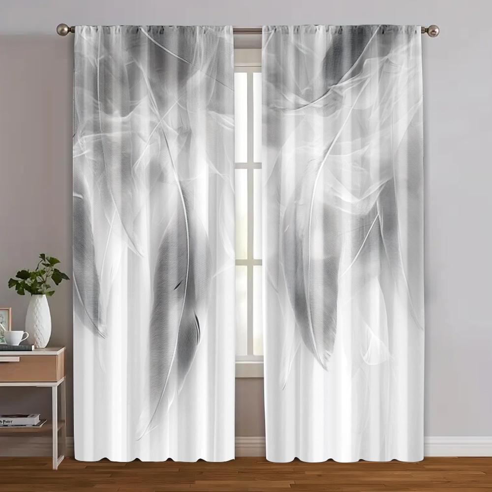 

2 шт., Креативные шторы 2D-принт Серый и Белый принт перьев Полиэстер (без удилища) Украшения для дома Идеально для гостиной 29x65in(75x166cm)