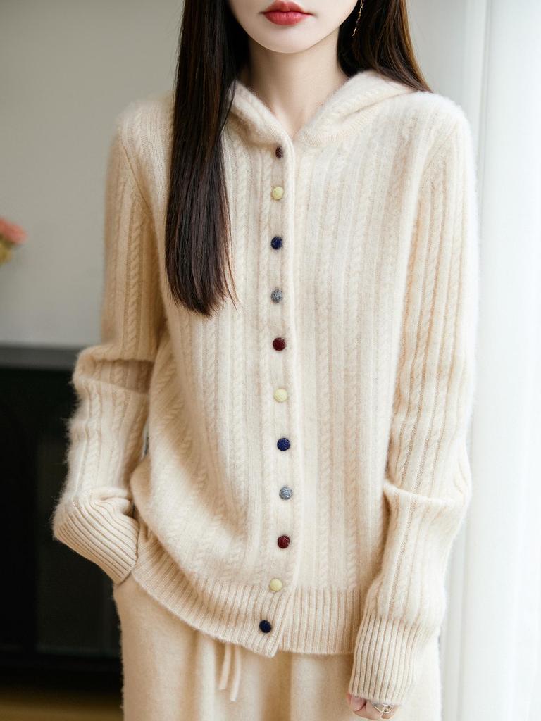 Women's Thick Hooded Wool Cardigan - Autumn/Winter Casual Cable Knit Sweater Coat