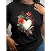 European Sizes Women's Soft Breathable Flower & Heart Print Short Sleeve T-Shirt - Casual Round Neck Blouse Top Suitable for Daily Wear