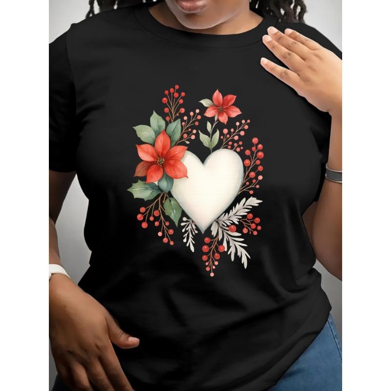 

European sizes Women s Soft Breathable Flower & Heart Print Short Sleeve T-Shirt - Casual Round Neck Blouse Top Suitable for Daily Wear 4XL чорний
