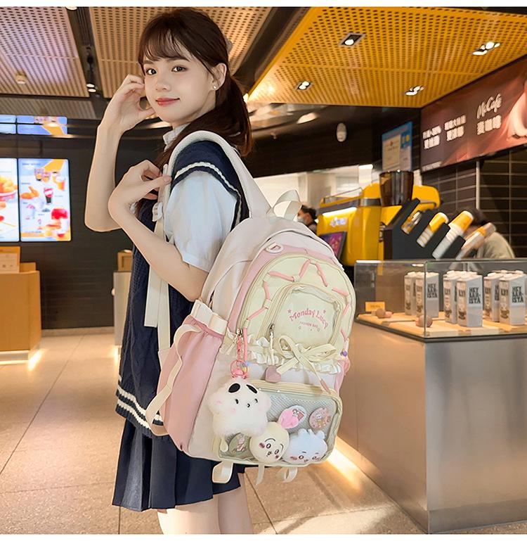 Women's Color Block College-Style Backpack with Ballet Ruffle Lace Design