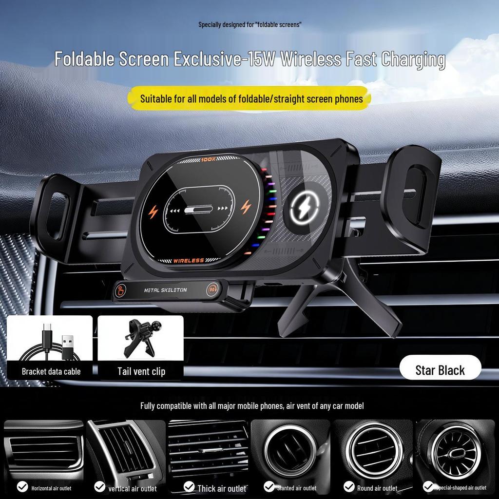 Foldable Wireless Charging Car Mount for Large Screen Phones, Compatible with Huawei X6, Samsung, and More.