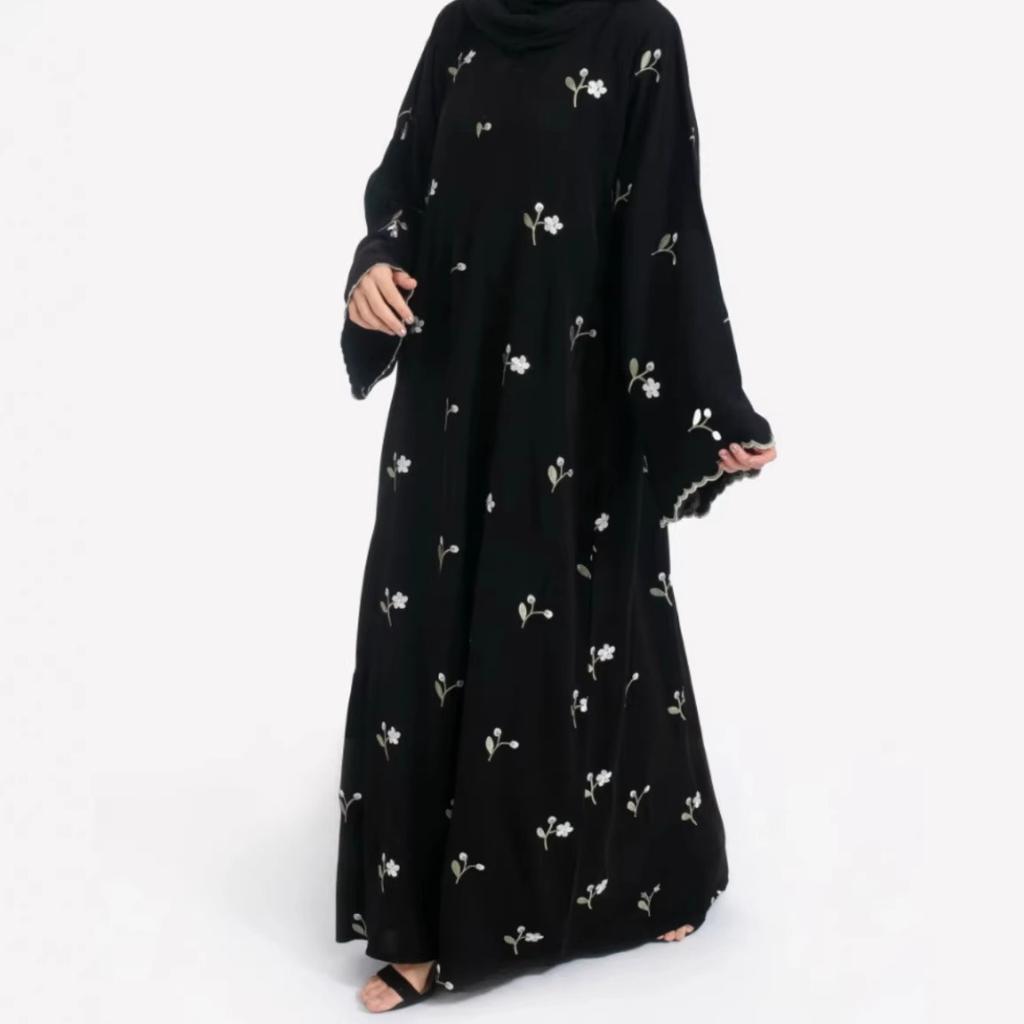 Women's Crew Neck Long Sleeve Maxi Dress Loose Waist Floral Embroidery Modest Abaya Dress