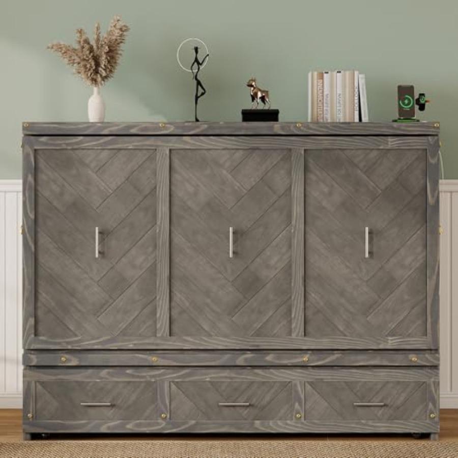 Queen Murphy Bed Cabinet Charging Station and Geometrical Panel, Pine Wood Hideaway Bed Frame Large 3-Compartment Drawer, 2-in-