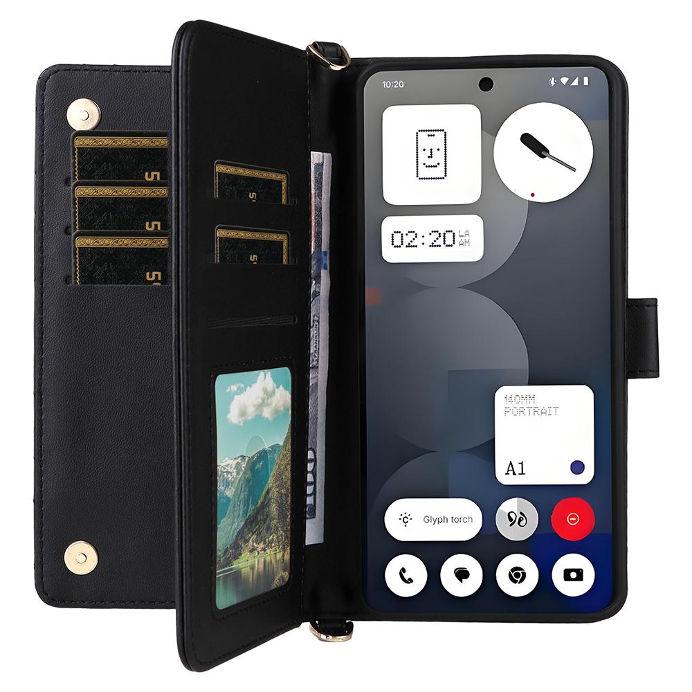 

For Nothing Phone (3a) Pro Wallet Case with Shoulder/Wrist Strap Leather Phone Cover Stand Brown