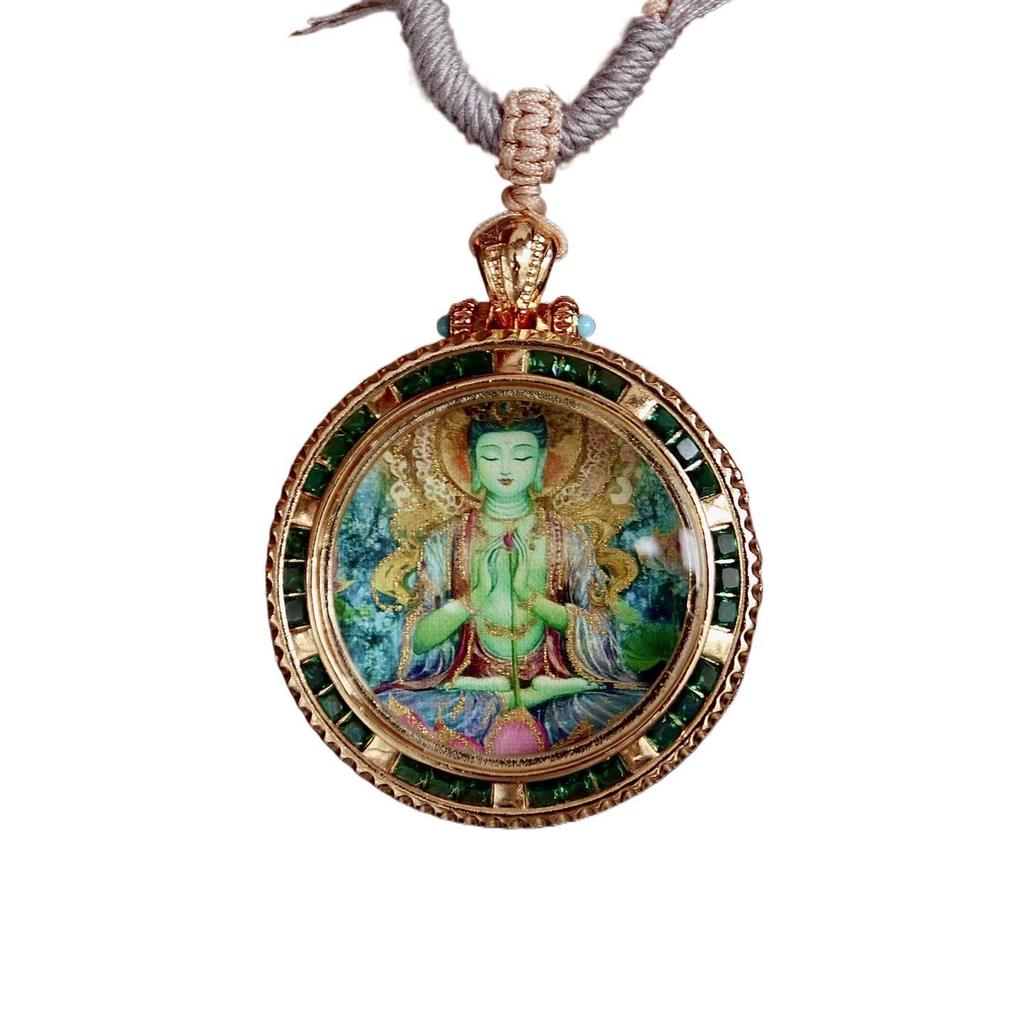 Qinghai Regong Green Tara Hand-painted Ethnic Thangka Pendant
