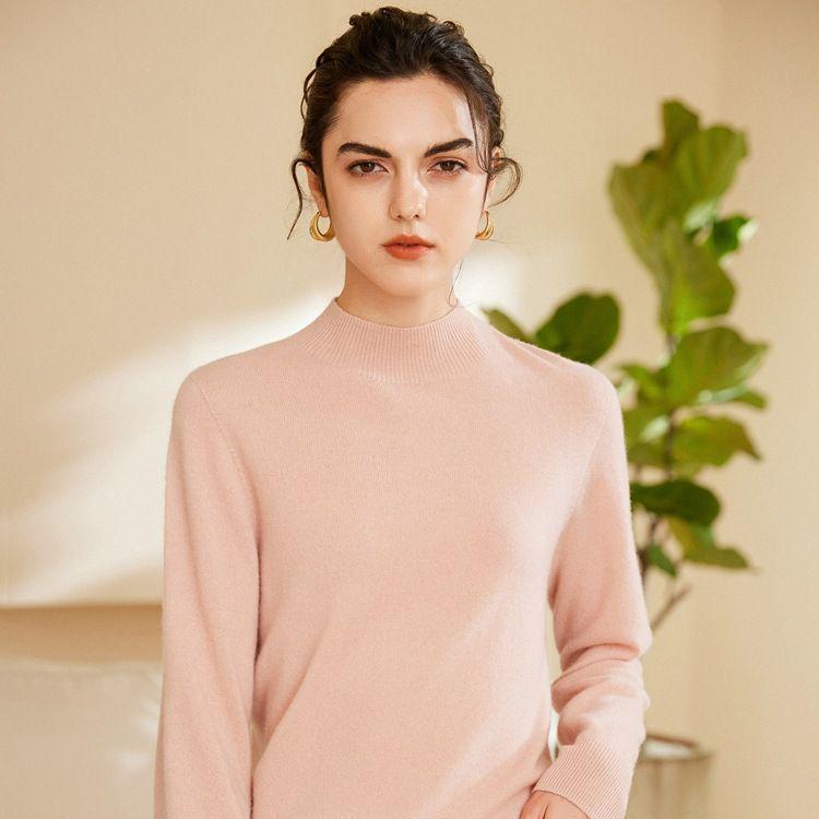 Women's Pure Cashmere Seamless Knit Sweater, Autumn/Winter Half-High Neck, Long Sleeve Base Layer