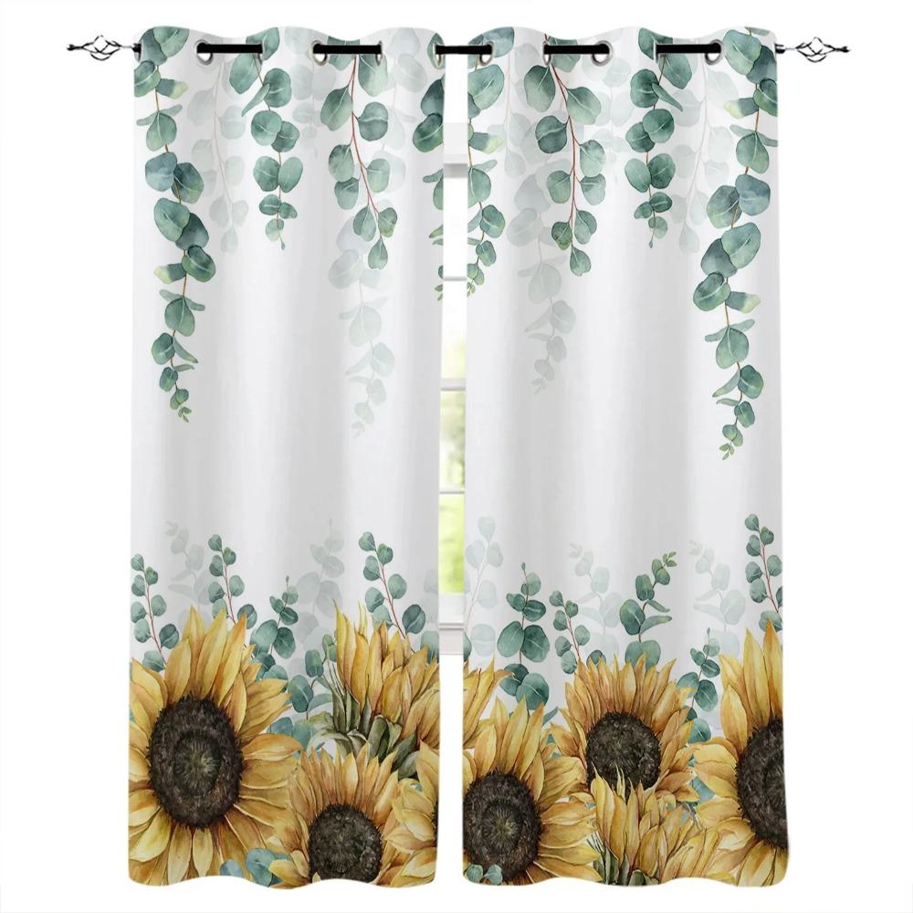 Sunflowers Pattern Design Vintage Beige Print Kitchen Curtain Window Treatment Living Interior Room Office Decor Drape for Kids Home Rest Room