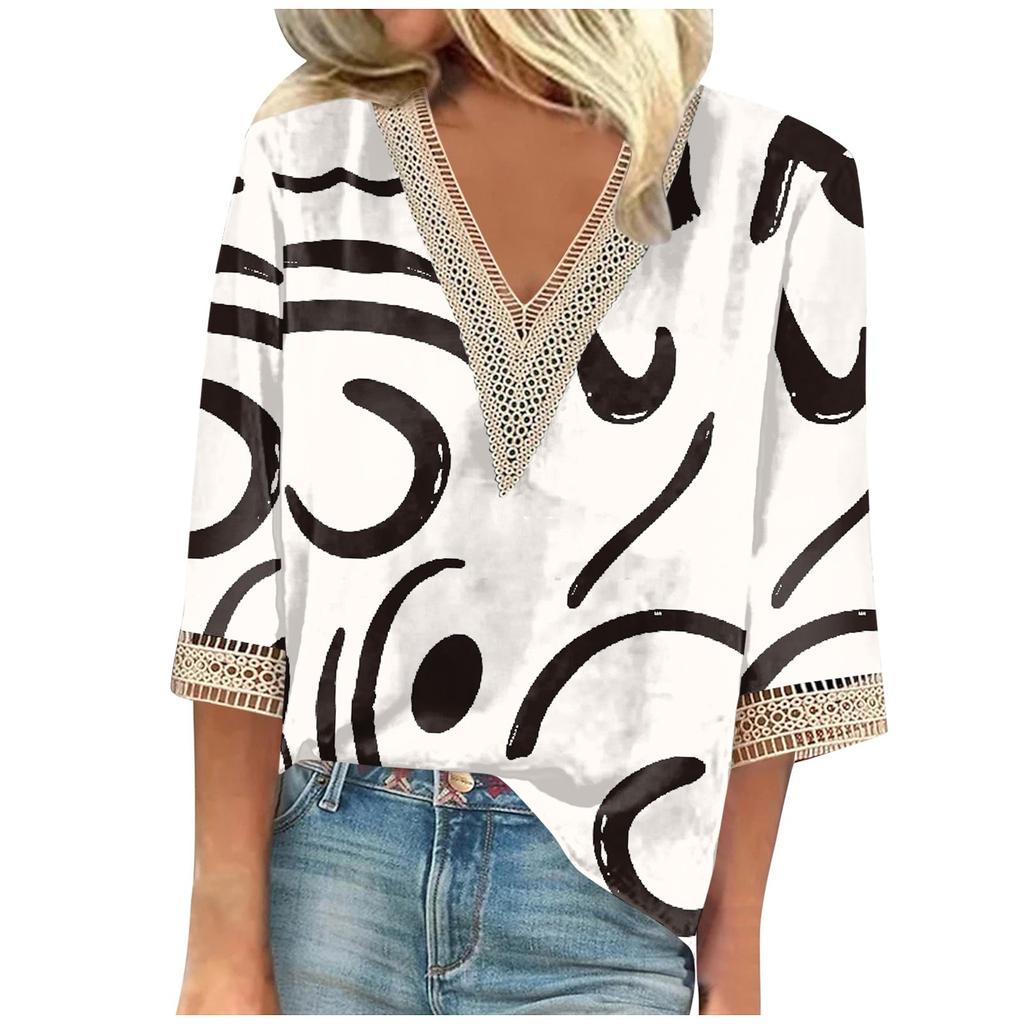 Γυναικείο Πουκάμισο Μπλούζα Καθημερινά Φαρδιά Πουκάμισα Μανίκι 3/4 Δαντελέ Λεπτομέρειες Μοτίβο Λαιμόκοψη V Τοπ Μοτίβο Τοπ Μπλουζάκια Μπλουζάκι