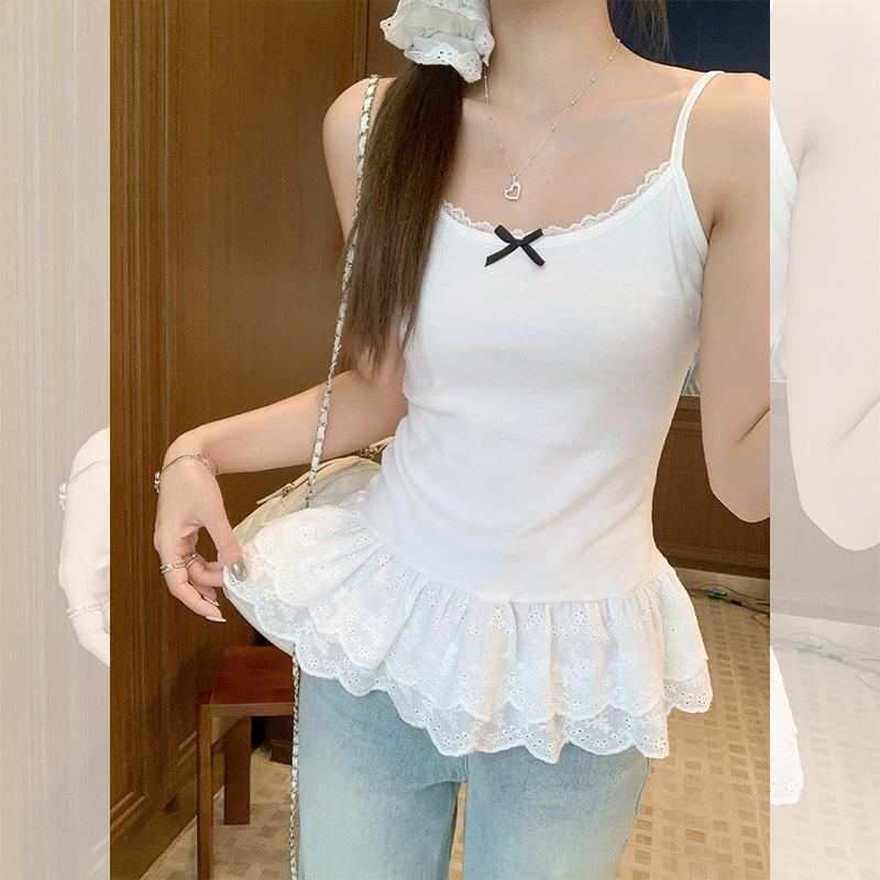 White pure lace splicing sling vest women s summer new bow slim slim slim top S