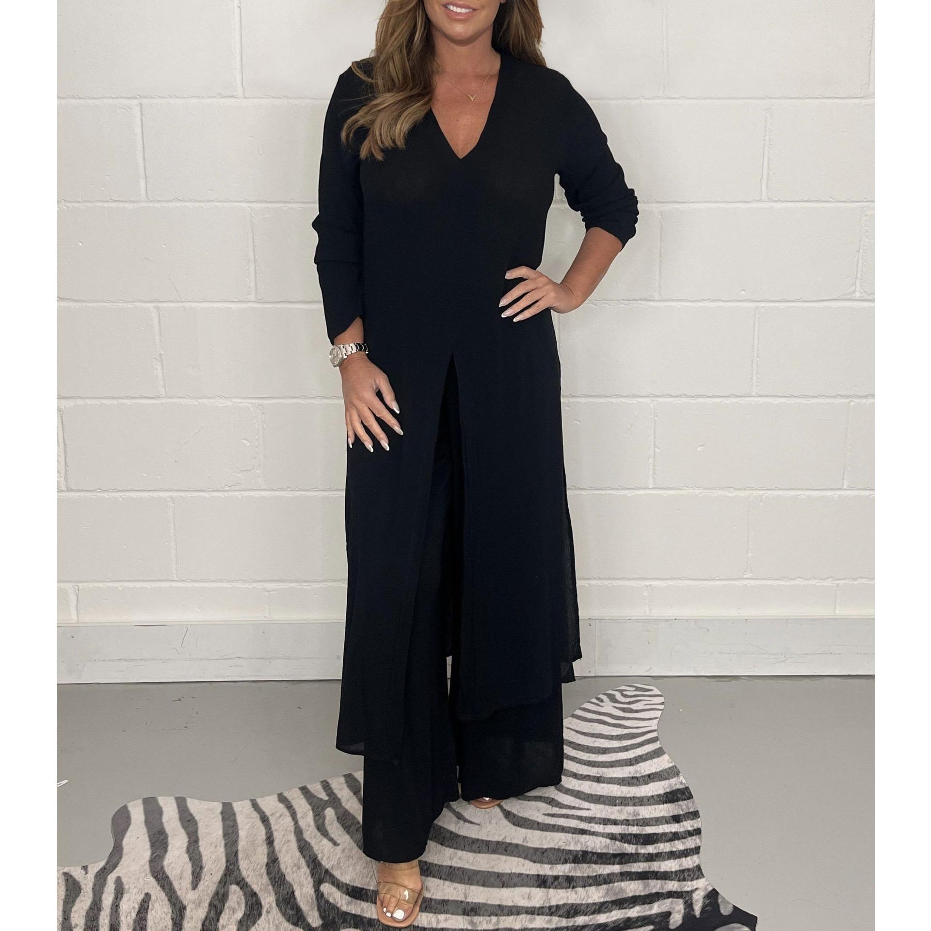 

IHUASU Summer and Autumn Women s Split Long Top and Long Pants Set XXXL чорний