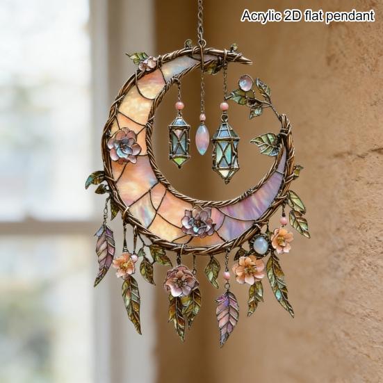 Crescent Moon Floral Acrylic Suncatcher Stained Glass Effect Window Hanging Ornament Boho Sun Catcher Panel for Bedroom Garden Home Decor