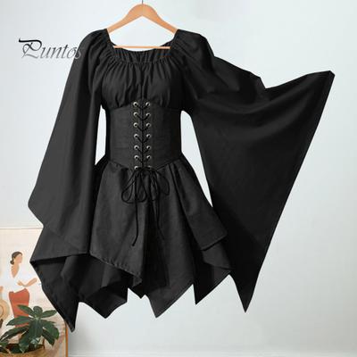 Dámske šaty s dlhými rukávmi Stredoveký kostým Vintage Rozprávkový škriatok Rukáv so zvončekom Retro Pás Patchworkové šaty na Halloween Cosplay