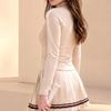 Womens Tennis Sport Set Long Sleeve Zipper Collar Skirted Outfit Striped Pleated Gym Workout Suit