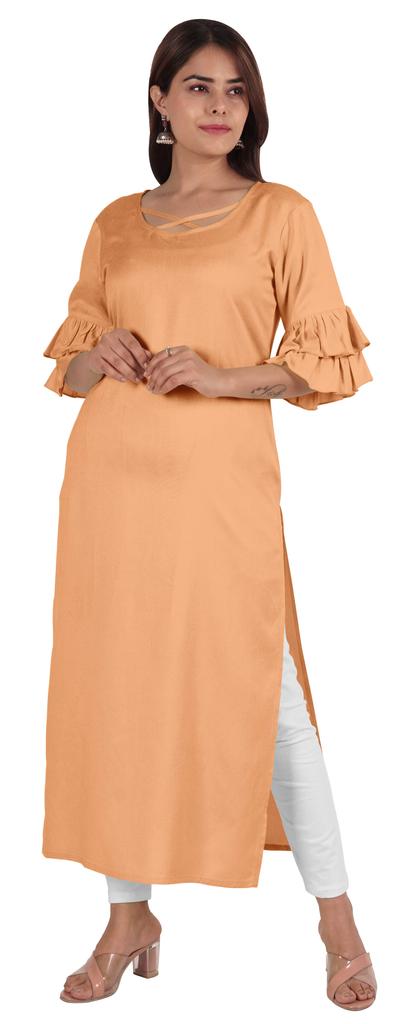 Moomaya Solid Designer Kurti Bell Sleeve Casual Long Straight Kurta For Women