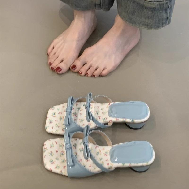 Sweet Wind Thick Heel Sandals Women's Summer New Small Floral Bow One Pedal High Heel Cool Slippers