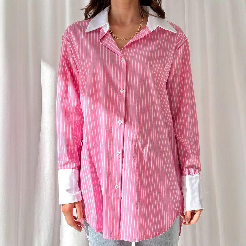 

European and American Lapel Blue and White Stripe Color Matching Top Loose Casual Outer Wear Long sleeve Shirts Women clothes Shirt Women Red XL