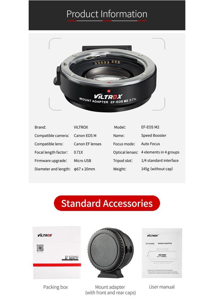 Viltrox EF-EOS M2 Adapter for Canon EF Lenses to EOS M Cameras (M6, M5, M50)