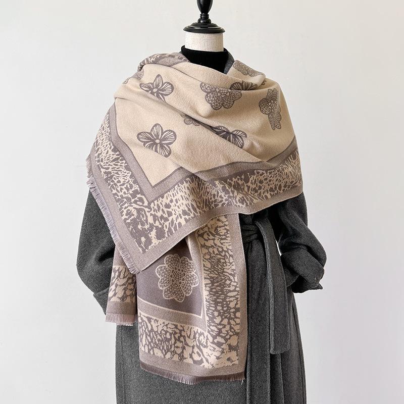 imitation cashmere mesh flower plaid retro texture printing double-sided warm scarf shawl outside