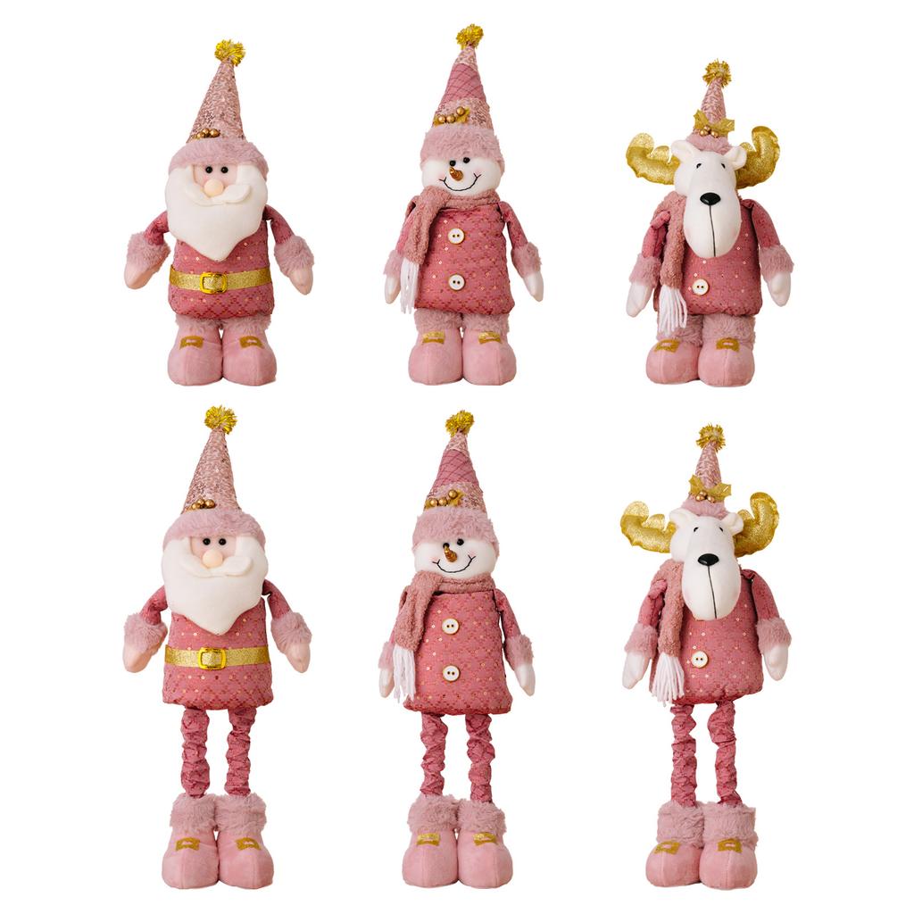 1pc Pink Stretchable Leg Christmas Plush Doll - Festive Snowman, Santa Claus & Reindeer with Golden Accents, Polyester & Metal