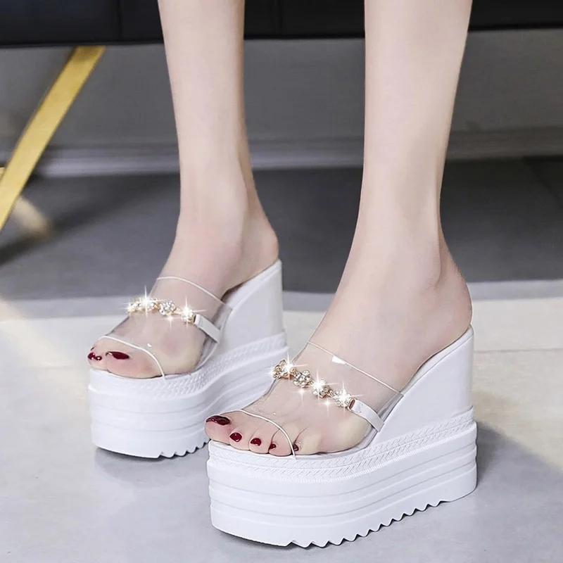 Fashion Hot Selling Slipper Women's 2025 Fashion Platform Sequined Slippers Slope Heels Woman Shoes Rhinestone Transparent Wedges Slide
