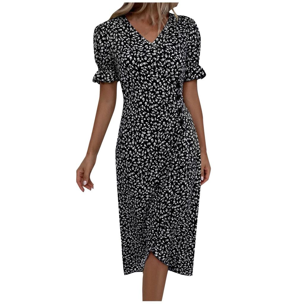 Women's Summer Casual Dress V Neck A-line Boho Ditsy Floral Sleeve Wrap Hem Dress