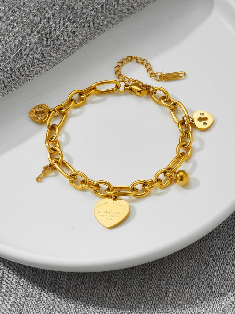 18k Gold Plated Stainless Steel Charm Bracelet Heart Pendant Link Chain Bracelet Fashion Wrist Women Jewelry