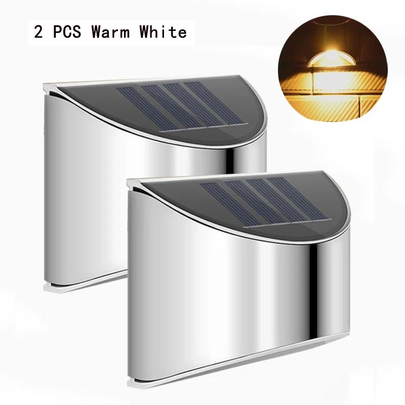 2Pcs Stainless Steel Solar Wall Lights Courtyard Waterproof Outdoor Lighting Emergency Patio Step For Garden Fence and Street