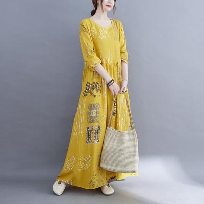 Literary Women's Floral Maxi Long Dresses Plus Size Loose Print Round Neck Long Sleeve Dress
