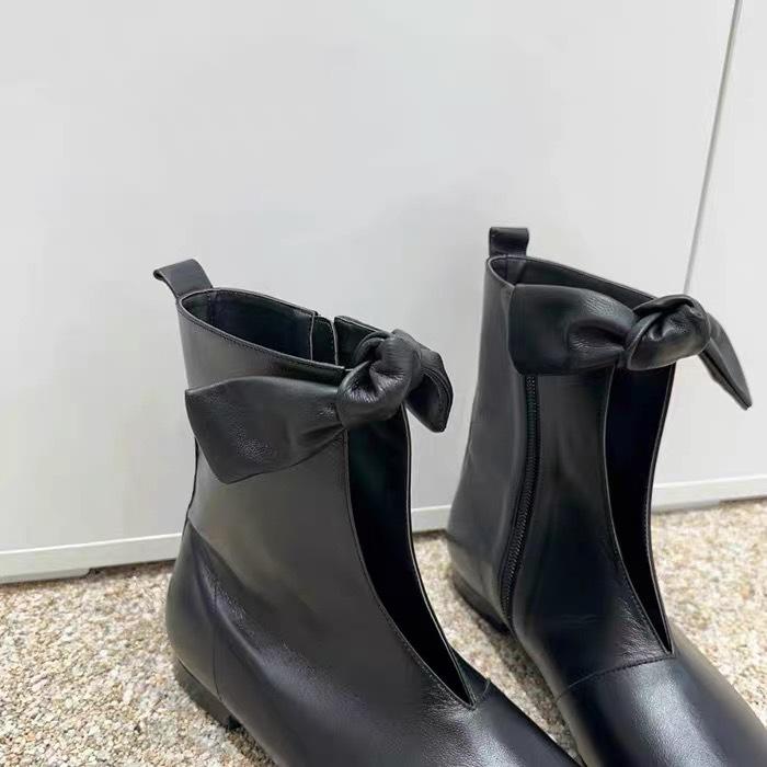 New leather round head bow lace-up V-mouth flat bottom casual versatile short boots women