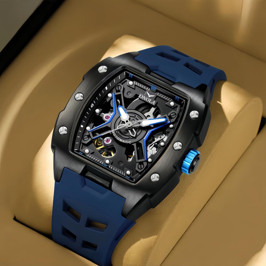 Luminous Skeleton Self Winding Mechanical Watches for Men Tonneau Shape Waterproof Sports Watch Rubber Strap