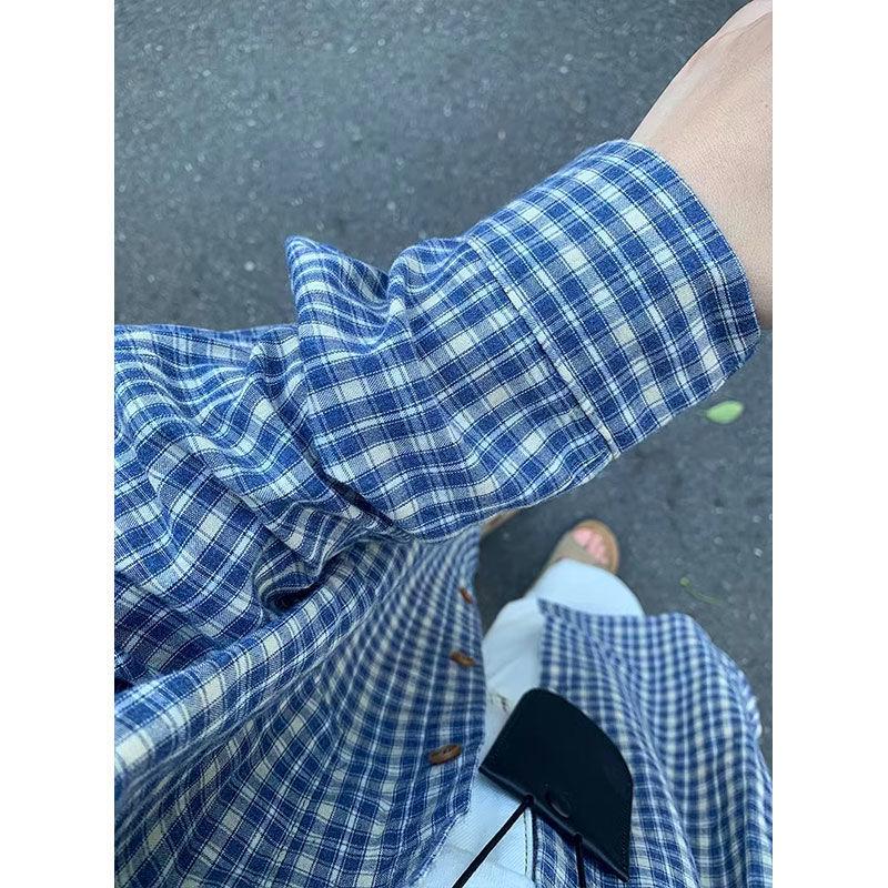 Damen Retro Blau Kariertes Oversize Hemd - Frühling/Sommer Harajuku Stil