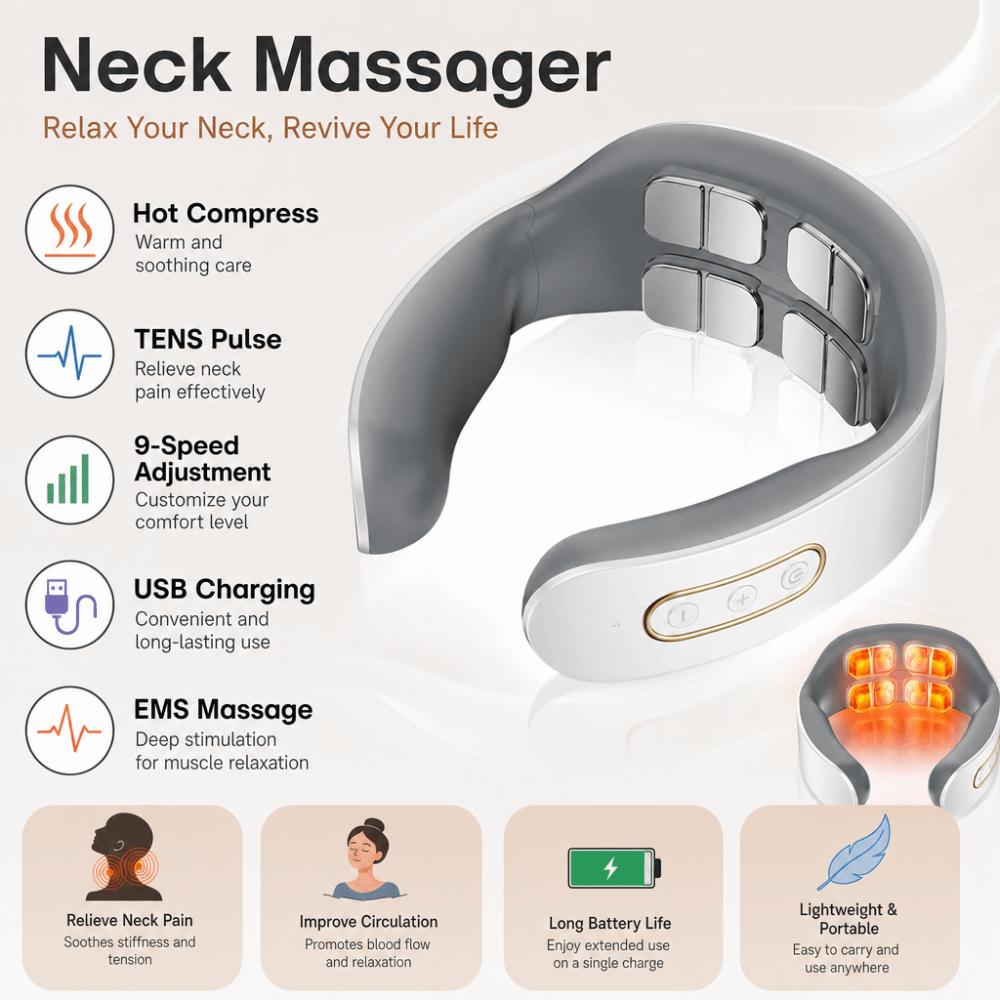 Hot Compress Cervical Spine Massager 8-Head Neck Massager Pulse Neck Device Indoor