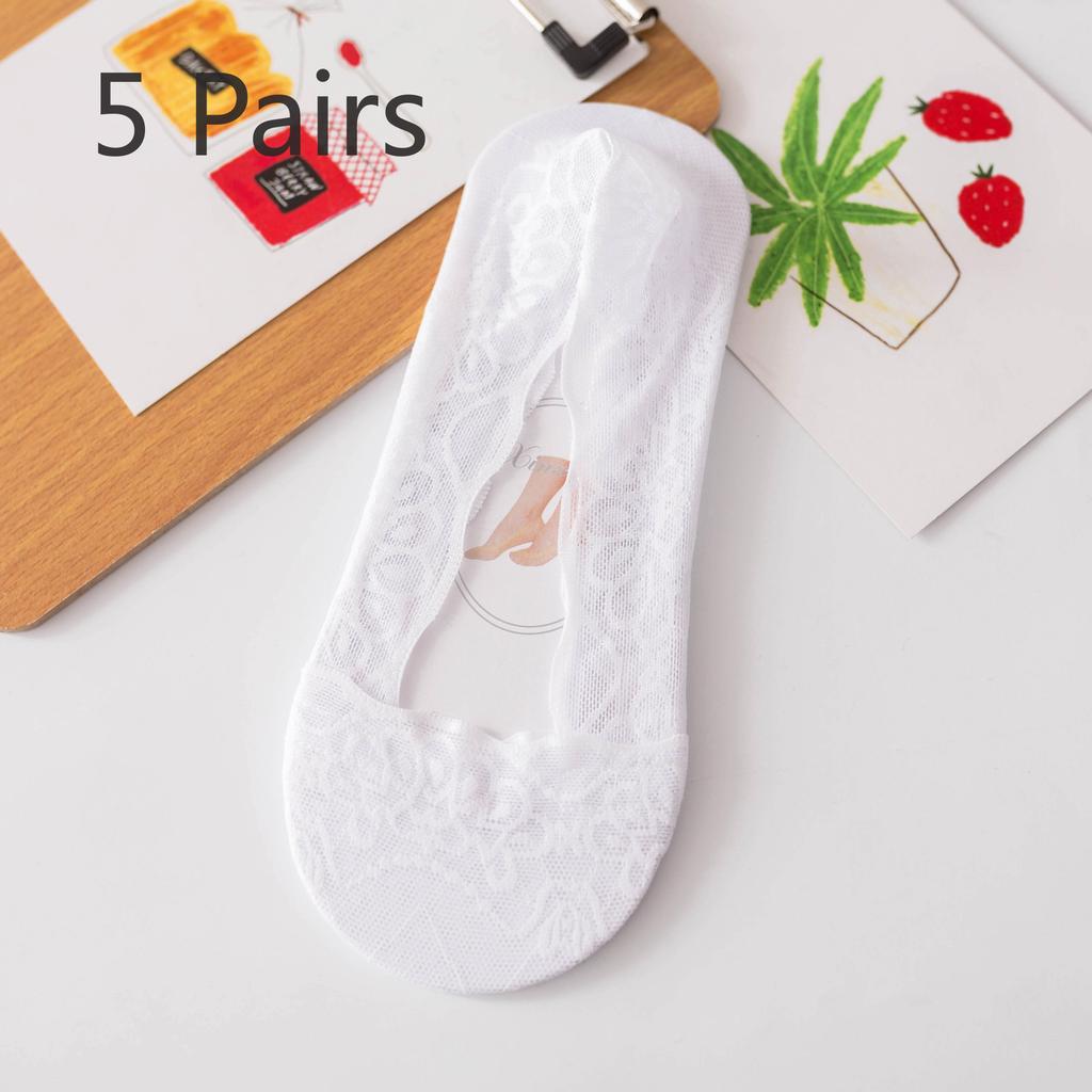 5 Pairs Lace Boat Socks Women Shallow Mouth Summer Thin Silicone Non-slip Breathable with Invisible Socks