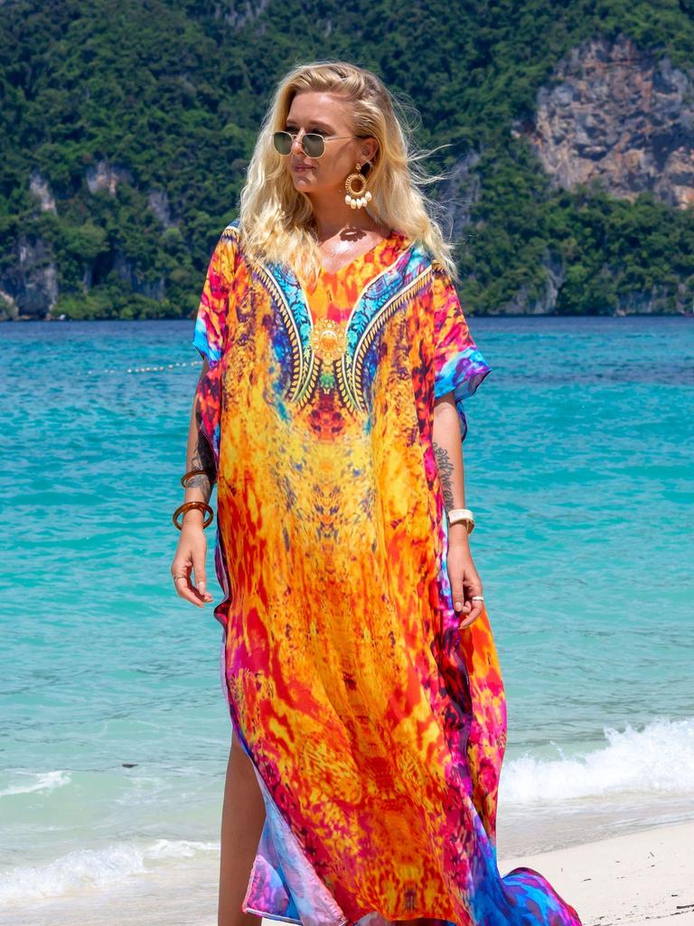 Bata con Estampado de Rayón para Proteger del Sol en la Playa y Vestido Cubre-traje de Baño
